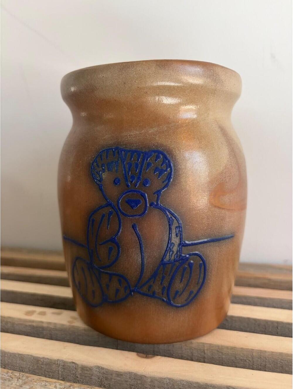 BBP Beaumont Bros Pottery Blue Teddy Bear Croc Vase Jar Salt Glaze 1995 Vintage